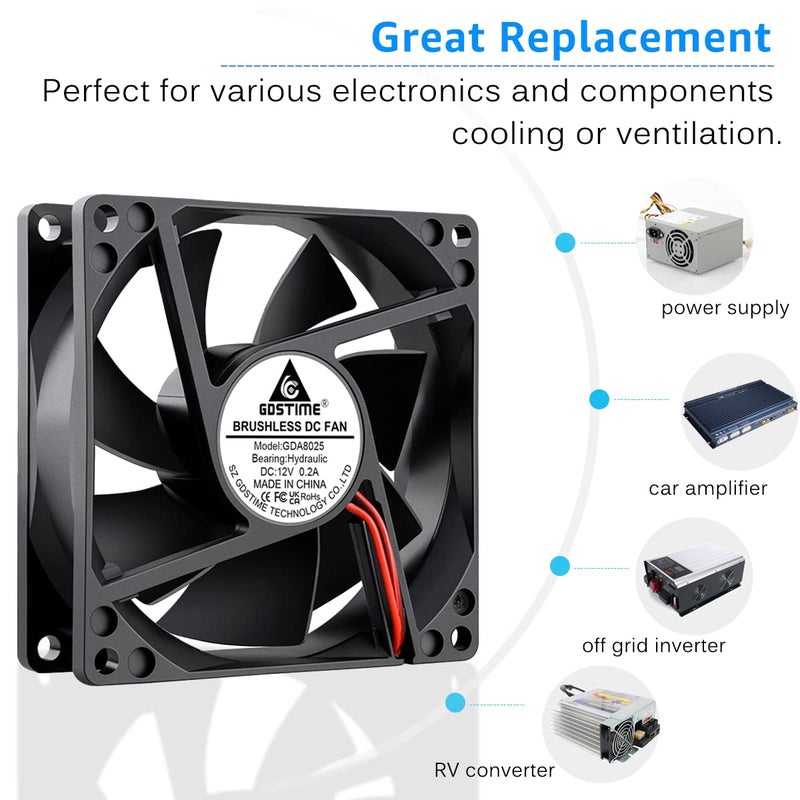 GDSTIME 2 Pack 80mm x 80mm x 25mm 12V DC Brushless Cooling Fan 2Pin - Image 2
